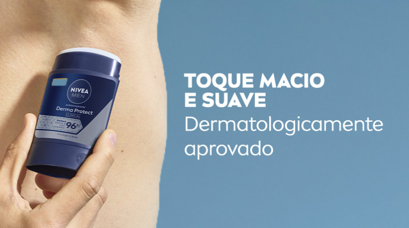 A imagem apresenta uma pessoa aplicando desodorante nas axilas, em destaque. O fundo é azul claro.