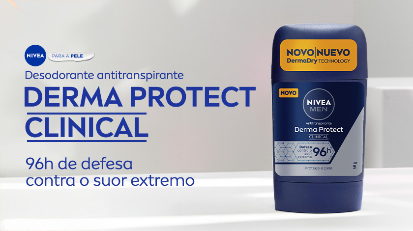 Fundo neutro e claro. Ao lado direito, o desodorante Derma Protect Clinical aparece em destaque, com embalagem azul com detalhes em cinza. Ao lado esquerdo, é apresentando o selo de NIVEA para a pele.
