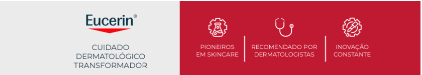 Logo da Eucerin sobre fundo vermelho, reforçando o conceito de cuidado dermatológico da marca.