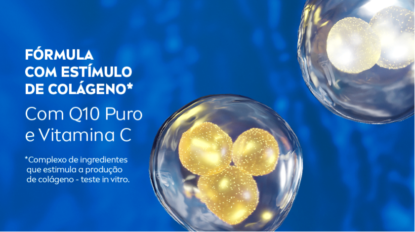 Fundo azul escuro. A imagem representa a fórmula com produto, através de ilustrações de moléculas douradas.