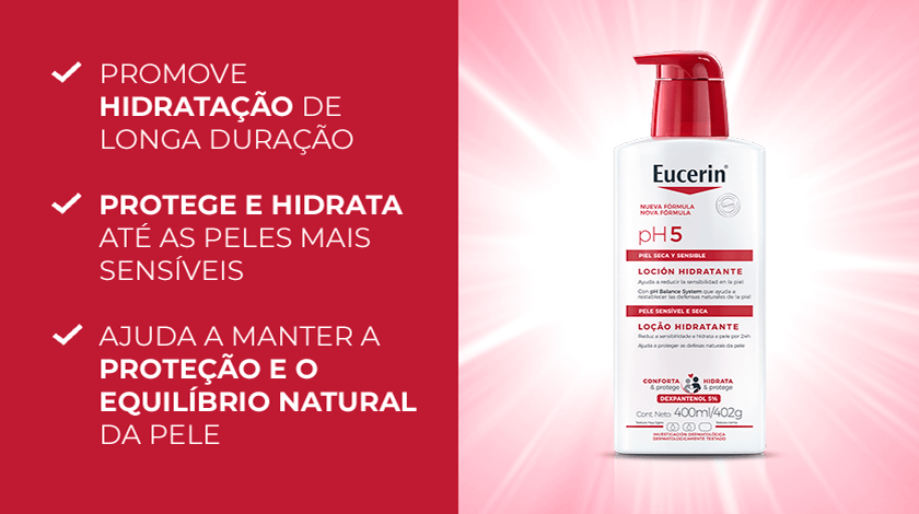 Loção pH5 com fundo luminoso vermelho ao centro, ao lado de três bullets com benefícios.
