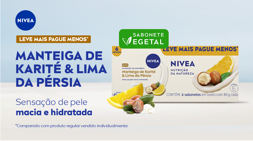 Fundo claro. À direita, embalagem do sabonete vegetal NIVEA Manteiga de Karité & Lima da Pérsia com selo “Leve Mais Pague Menos”. Ao lado, imagem da embalagem com ingredientes ilustrados. No topo esquerdo, o logo da NIVEA e o selo verde “Sabonete Vegetal”.