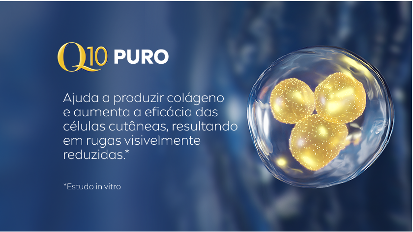Cápsulas douradas flutuam sobre fundo azul escuro representando os ingredientes ativos da fórmula Q10 puro.