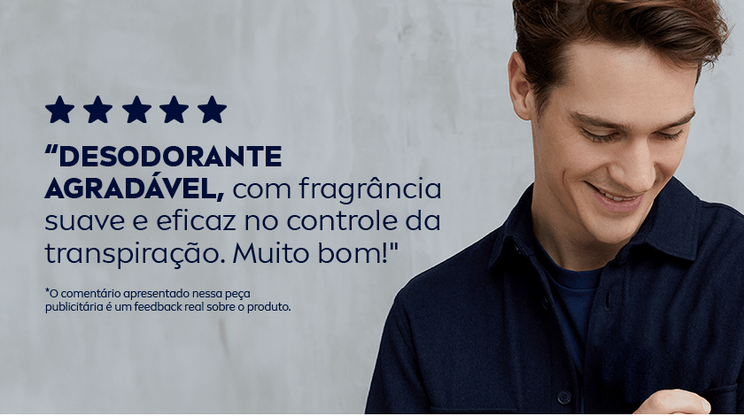 Fundo cinza claro. À esquerda, estrelas azuis e texto em destaque. À direita, homem sorrindo, vestindo camisa azul.