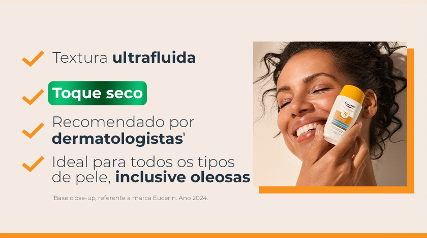 Texto com ícones em laranja destacando benefícios do produto. Ao lado direito, imagem de mulher sorrindo, enquanto segura o frasco.