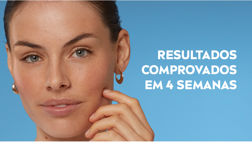 RESULTADOS COMPROVADOS EM 4 SEMANAS Fundo dividido: à esquerda, imagem ampliada de bolhas em líquido rosado; à direita, fundo azul com texto