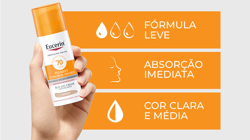 Uma mão segura o frasco de Eucerin Sun Pigment Control Tinted Médio FPS 70 enquanto ícones visuais representam suas características.