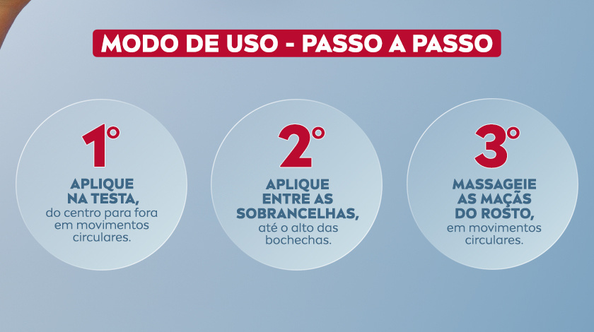 Fundo azul. Ao centro, são apresentados 3 passos para a aplicação do produto.