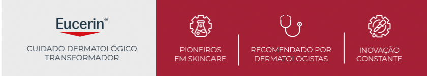 Ao lado esquerdo, logotipo da Eucerin em destaque. Ao lado direito, fundo vermelho com três ícones que representam os pilares da marca.