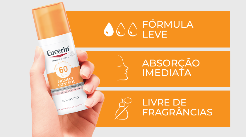 Uma mão segura o frasco de Eucerin enquanto ícones visuais representam as características do produto.
