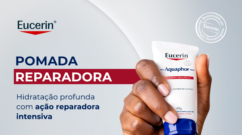 Imagem da embalagem da Pomada Reparadora Eucerin Aquaphor sobre fundo branco. O logo da marca aparece no canto superior esquerdo.