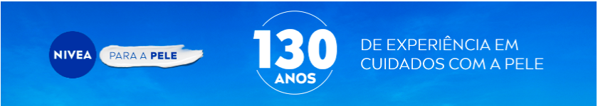 Fundo azul com logotipo NIVEA e texto em branco destacando 130 anos de experiência em cuidados com a pele.