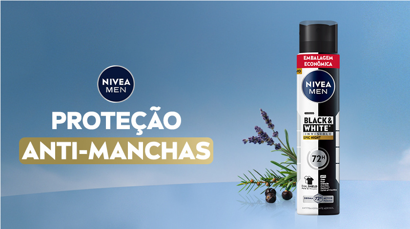 Imagem com fundo azul. Em destaque aparece a embalagem de MEN Black & White Epic Night, ao lado de ingredientes.