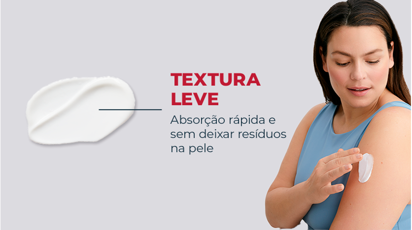 Fundo neutro. Ao lado direito, uma mulher aplica levemente o creme no braço, mostrando sua textura.