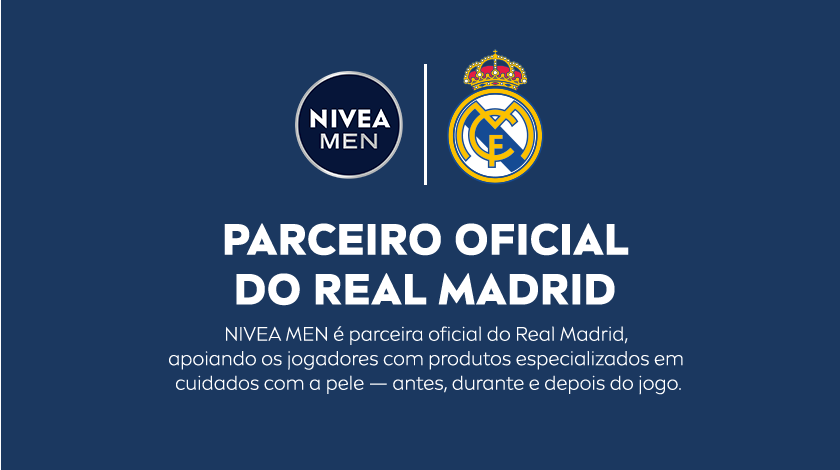 Na imagem, os logotipos da NIVEA MEN e do Real Madrid aparecem centralizados no topo, separados por uma linha vertical branca. Logo abaixo, em letras grandes e brancas, está escrito 