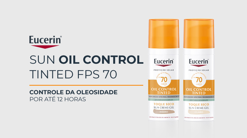 A embalagem do produto Eucerin Sun Oil Control Tinted Claro FPS 70 aparece sobre um fundo branco.