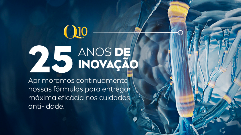 Representação científica com moléculas e tubo de ensaio em tons de azul e amarelo, destacando 25 anos de pesquisa da linha Q10.