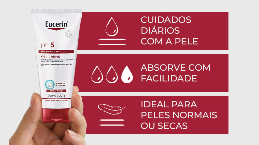 Mão segurando o produto, com três ícones e bullets informando características.