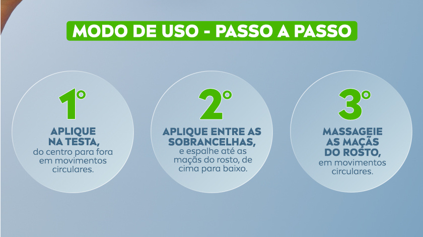 Fundo azul. Ao centro, são apresentados 3 passos para a aplicação do produto.