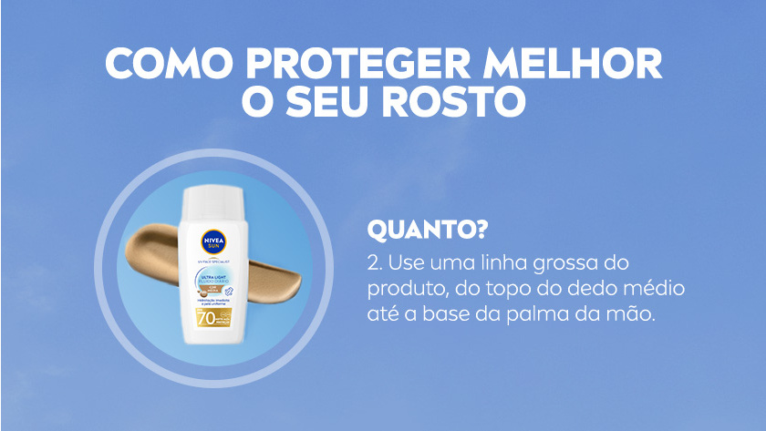 Imagem de fundo azul. Foto do protetor solar e textura do produto, emoldurada em círculo. Ao lado, instruções de uso.