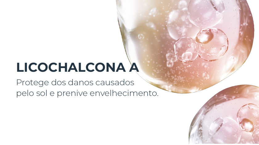 Imagem ilustrativa com esferas translúcidas representando o ativo Licochalcona A.