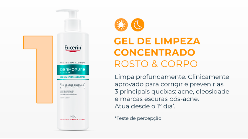 Imagem com fundo branco. Ao lado, o número 1 em tom laranja aparece em destaque junto a embalagem do Gel de Limpeza.