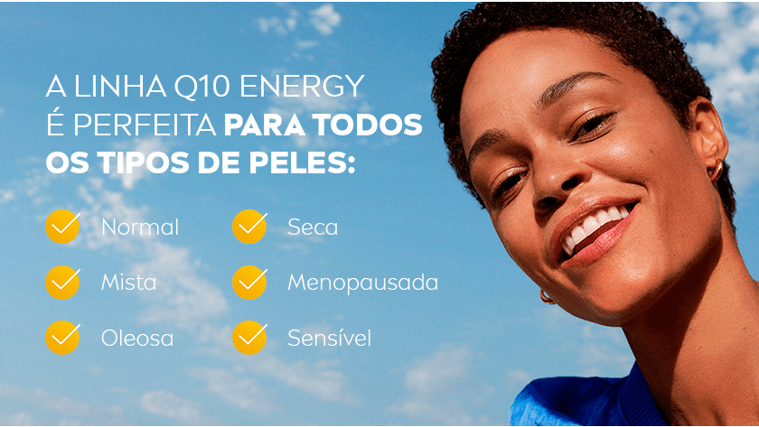 Mulher sorridente com um fundo de céu. Ícones amarelos destacam os tipos de pele compatíveis com os produtos.