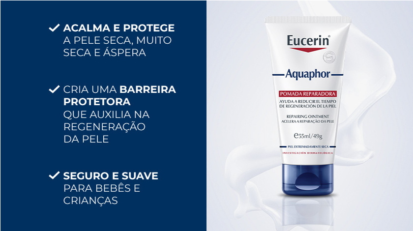 Imagem da pomada em destaque ao lado de lista com três benefícios do produto em fundo azul.