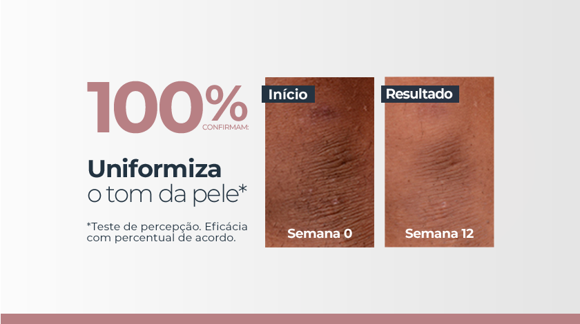 Banner publicitário com fundo claro, mostrando esferas translúcidas em tons de rosa e branco, com textura interna que lembra moléculas ou células, remetendo à ideia de ciência e eficácia. À esquerda, um selo hexagonal cinza e vermelho destaca a patente do ingrediente ativo Thiamidol.