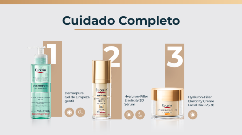 Três produtos Eucerin alinhados: gel de limpeza em embalagem pump transparente com líquido verde, sérum dourado em frasco elegante e pote de creme branco com tampa dourada.