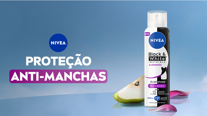 Imagem com fundo azul. Em destaque aparece a embalagem de Black & White Authentic, ao lado de ingredientes.