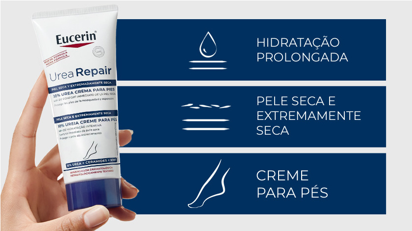 Mão segurando o produto Eucerin Urea Repair Plus Creme para Pés. Ao lado, três ícones com os benefícios.