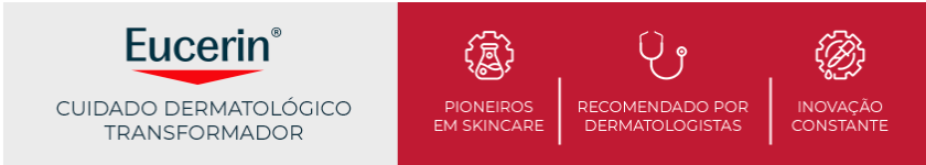 Ao lado esquerdo, logotipo da Eucerin em destaque. Ao lado direito, fundo vermelho com três ícones que representam os pilares da marca.