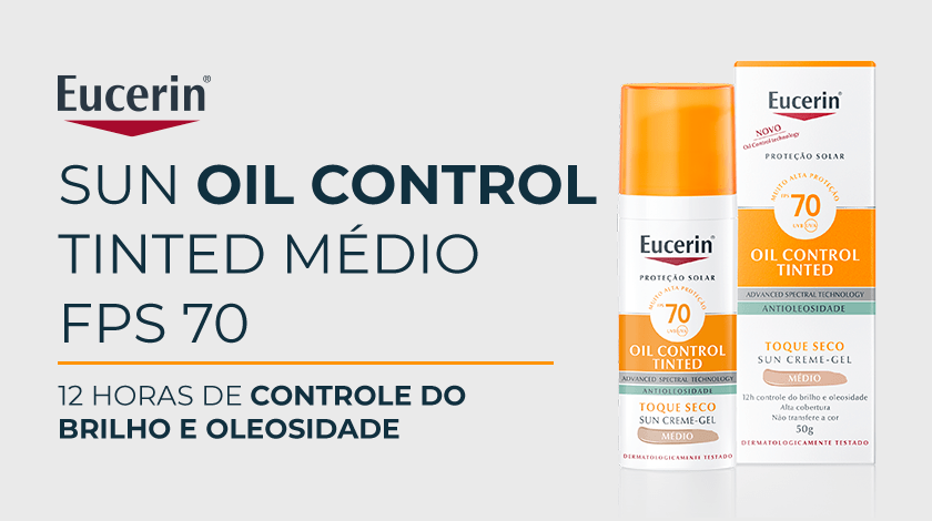 A embalagem do produto Eucerin Sun Oil Control Tinted Médio FPS 70 aparece sobre um fundo branco.