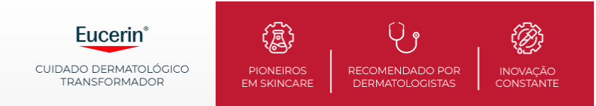Logo da Eucerin sobre fundo vermelho, reforçando o conceito de cuidado dermatológico da marca.