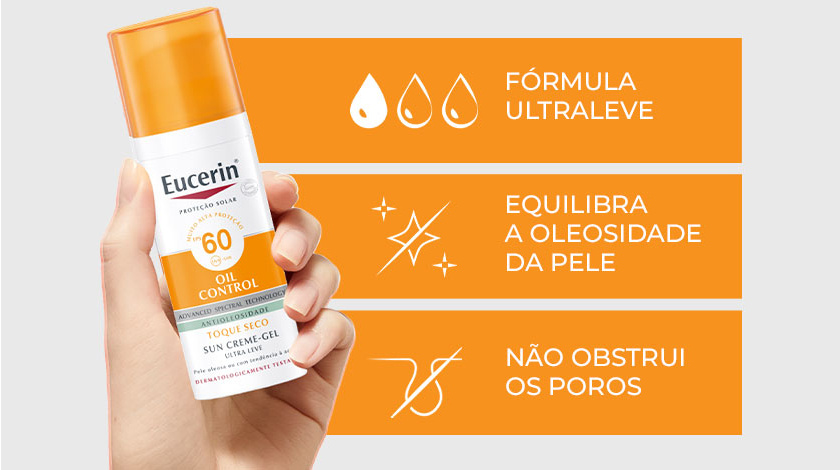 Uma mão segura o frasco de Eucerin Sun Oil Control Creme Facial FPS 60 enquanto ícones visuais representam características do produto.