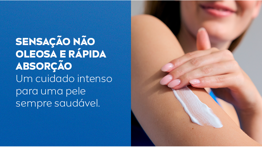Mulher sorrindo passando creme no braço delicadamente. Ao lado texto branco em fundo azul.