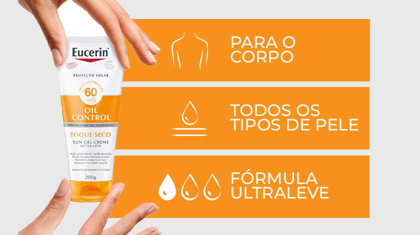 Ao lado esquerdo, aparecem mãos segurando o produto. Ao lado esquerdo, ícones com fundo laranja indicam os benefícios.