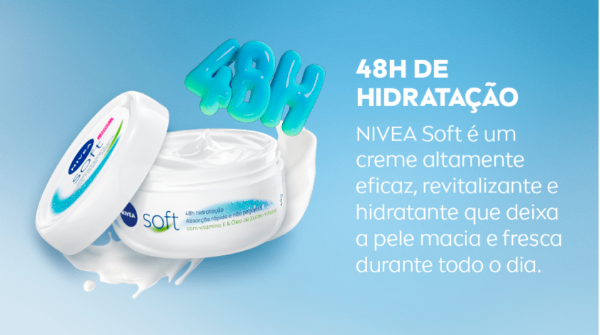 Fundo azul em degradê. Ao centro, o pote aberto de creme NIVEA Soft com textura cremosa visível. Ao lado, a ilustração “48H” feita de gel azul.