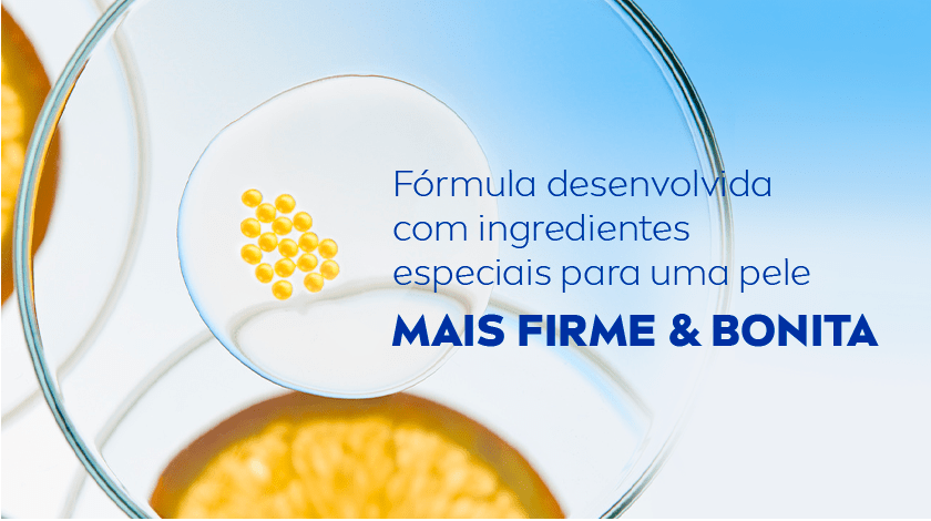 Imagem representativa da fórmula do produto, com uma cápsula e uma fatia de laranja, além de um fundo azul claro.