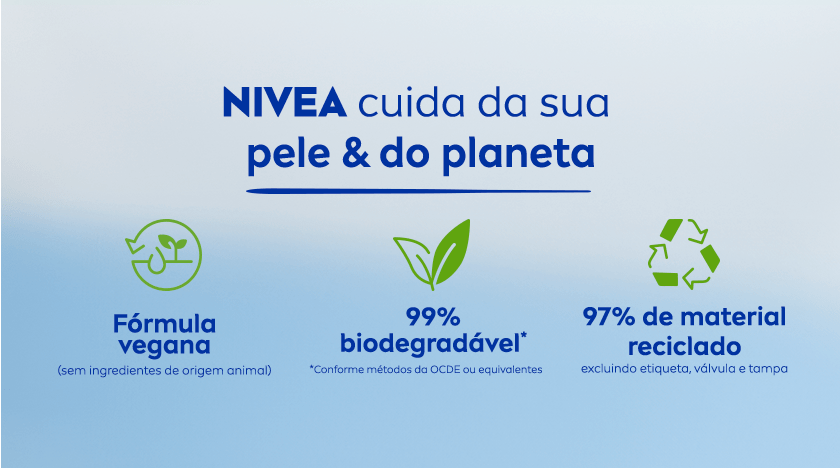 Fundo claro com ícones verdes de fórmula vegana, biodegradável e reciclada, para representar a sustentabilidade do produto.