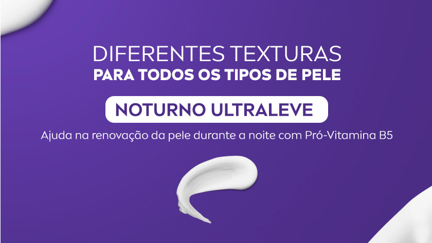 Fundo roxo com pinceladas brancas de creme nas bordas. No centro, texto em branco e roxo destaca o produto Noturno Ulraleve da linha NIVEA. Abaixo, descrição informa que o creme ajuda na renovação da pele durante a noite com Pró-Vitamina B5.