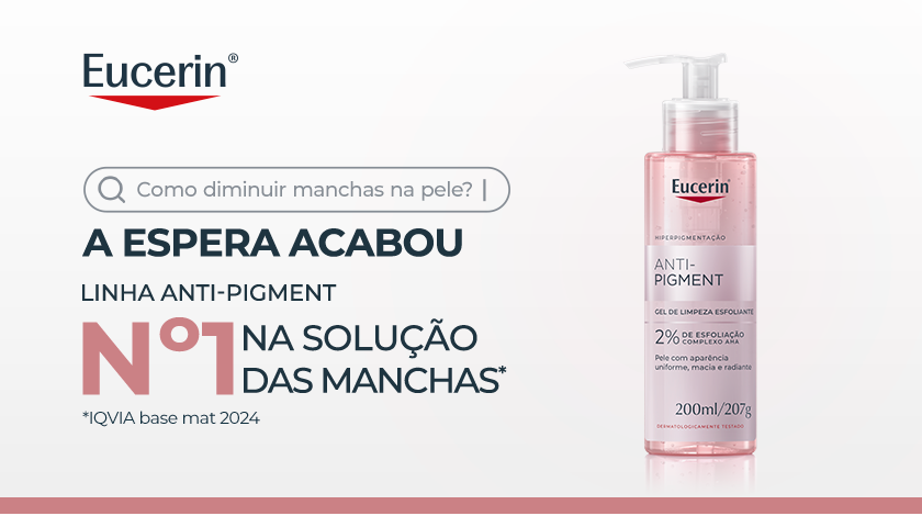 Imagem de produto Eucerin Anti-Pigment Gel de Limpeza Esfoliante. No centro, o produto em embalagem rosa. À esquerda, há um layout gráfico com ícone de barra de pesquisa e elementos tipográficos em destaque.