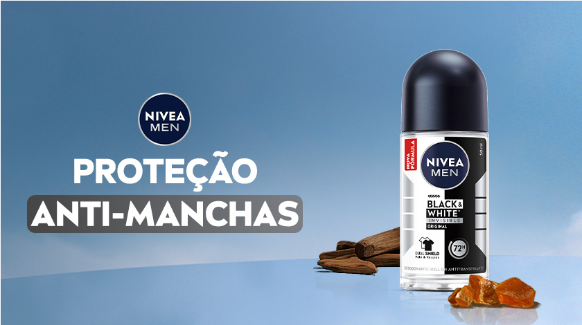Imagem com fundo azul. Em destaque aparece a embalagem de Black & White Original, ao lado de ingredientes.