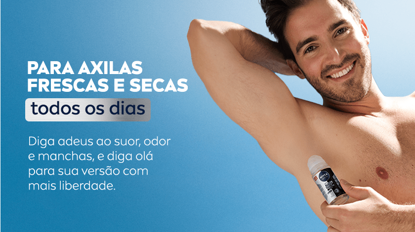Fundo em degradê azul. À direita, um homem sorridente com barba curta e cabelo castanho escuro levanta o braço esquerdo, exibindo a axila e segurando um desodorante roll-on da NIVEA MEN. Ele está sem camisa.