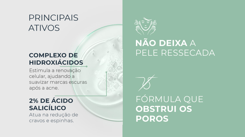 O fundo é verde-claro. No lado esquerdo, o título aparece sobre uma imagem de um líquido transparente em uma placa. No lado direito, há dois ícones de características do produto.