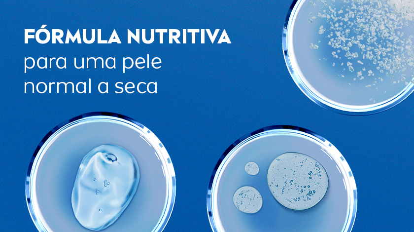 Loção em detalhes em lâminas de microscópio sobre fundo azul. Texto informa tipo de pele e benefícios.