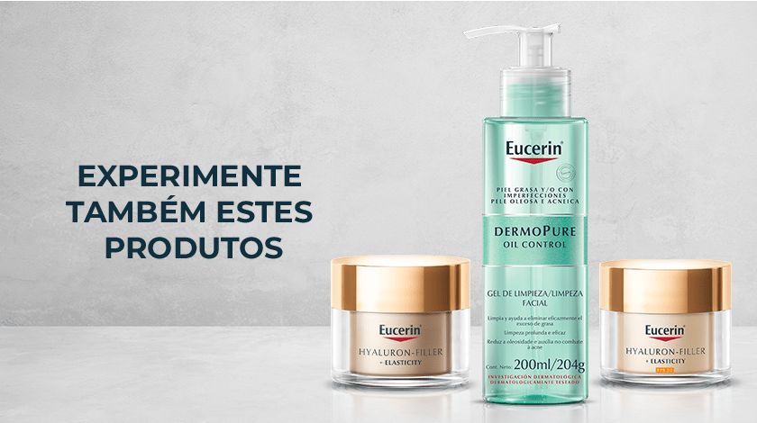 Imagem de três produtos de Eucerin: dois cremes da linha Hyaluron-Filler +Elasticity e um gel de limpeza facial Dermo Pure.