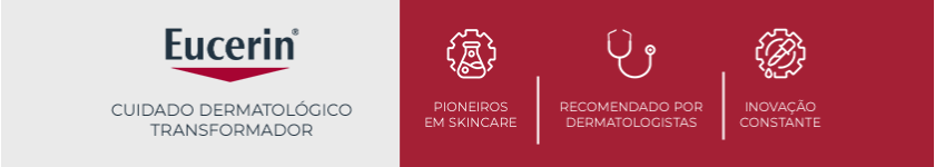 Ao lado esquerdo, logotipo da Eucerin em destaque. Ao lado direito, fundo vermelho com três ícones que representam os pilares da marca.