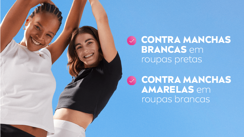 Duas mulheres sorriem enquanto levantam os braços. Uma usa regata preta e a outra uma regata branca. O fundo é um céu azul. Ícones rosas destacam as características do produto.